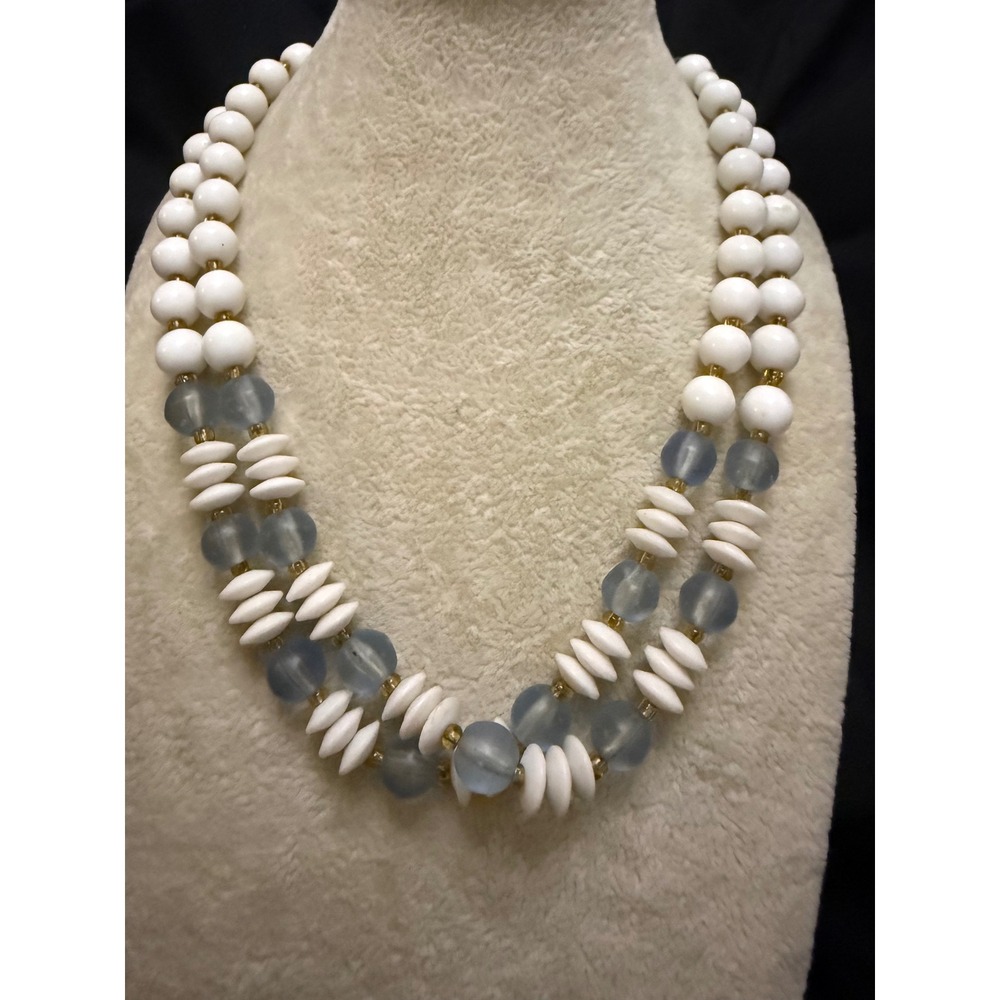 Vintage Double Strand Milk Glass Necklace White Blue Frosted Beaded Mid Century